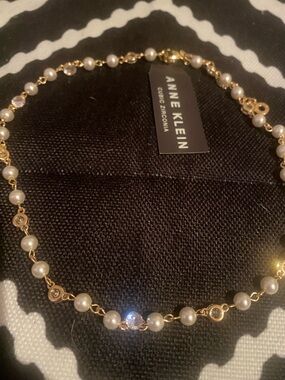 Anne Klein Gold Tone Pearl and Cubic Zirconia Station Necklace